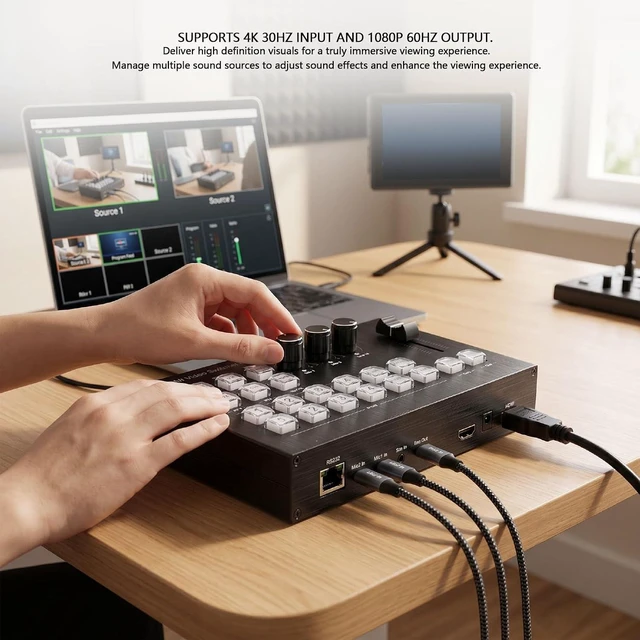 Alt view image 2 of 7 - 4 Input 2 Output Video Switcher, 4K 30Hz Live Streaming Switcher with Multi Channel Sound Mixing for Professional Broadcast (US Plug)
