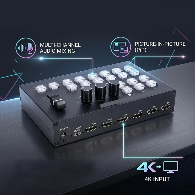 Alt view image 3 of 7 - 4 Input 2 Output Video Switcher, 4K 30Hz Live Streaming Switcher with Multi Channel Sound Mixing for Professional Broadcast (US Plug)