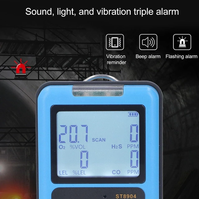 Alt view image 2 of 7 - Gas Detector, 4 in 1 CO H2S O2 LEL Gas Monitor Meter Tester Analyzer with 3 Alarm Mode Sound Light Vibration Alarm, Rechargeable Backlit Display Air Quality Tester