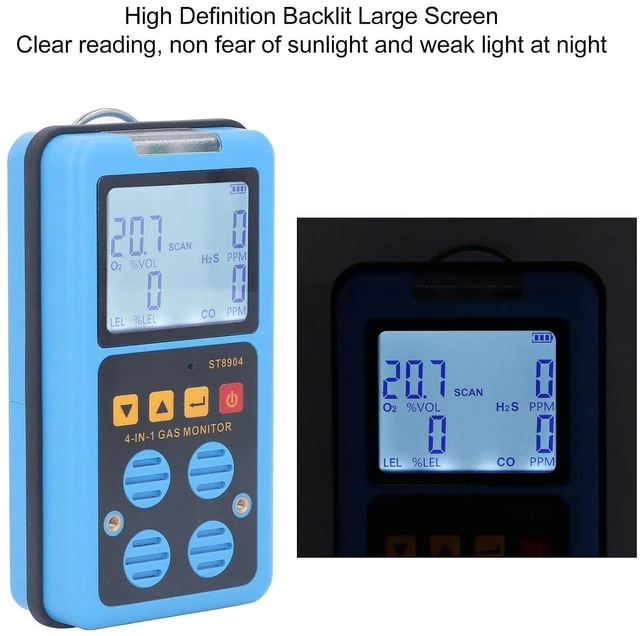 Alt view image 4 of 7 - Gas Detector, 4 in 1 CO H2S O2 LEL Gas Monitor Meter Tester Analyzer with 3 Alarm Mode Sound Light Vibration Alarm, Rechargeable Backlit Display Air Quality Tester