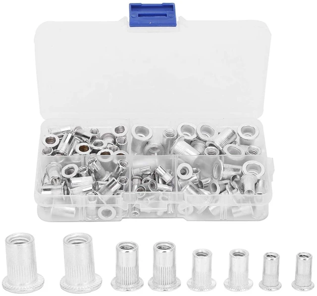 Main image of 100pcs Aluminum Rivet Nut Kit, 6-32/8-32/10-24/10-32/1/4-20, Silver, Unfinished, Commercial Grade, Rivet Nut