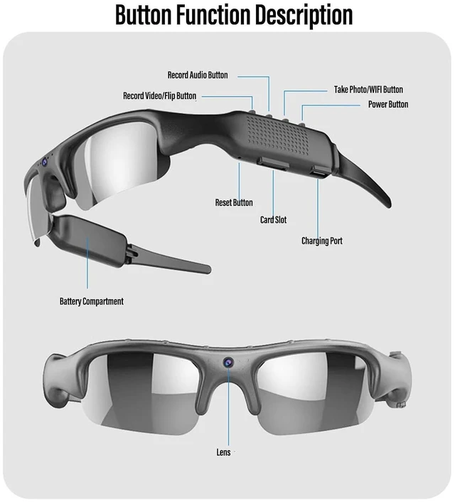 Alt view image 7 of 7 - 1080P Camera Glasses Intelligent Anti Shake, Broad Filming Perspective with 4 Quick Buttons, Timelapse Recording, Phone Connectivity, Polarized Lens