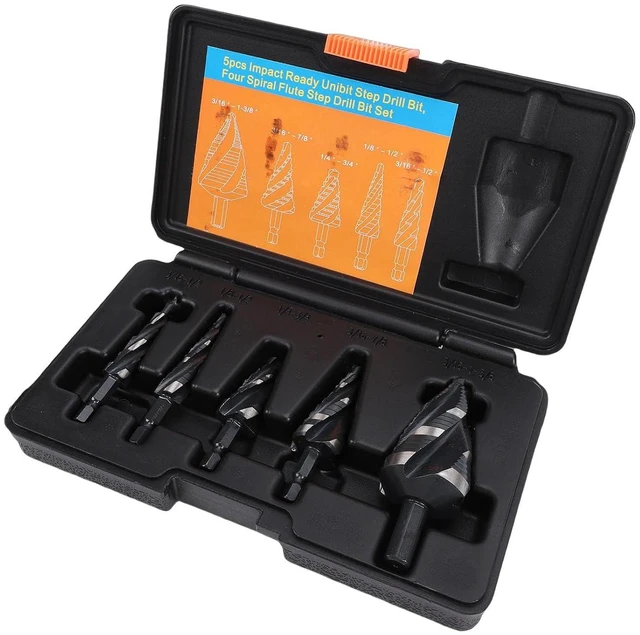 Main image of 5Pcs Step Drill Bit Set, 4 Flute Spiral HSS Bits 3/16in to 1 3/8in with 1/4in /8in Hex Shank, for Stainless Steel Aluminum Metal Wood Plastic