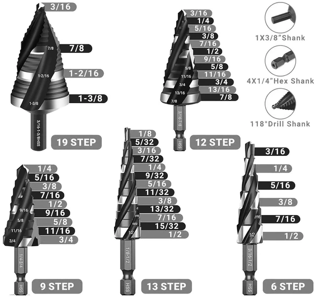 Alt view image 2 of 7 - 5Pcs Step Drill Bit Set, 4 Flute Spiral HSS Bits 3/16in to 1 3/8in with 1/4in /8in Hex Shank, for Stainless Steel Aluminum Metal Wood Plastic