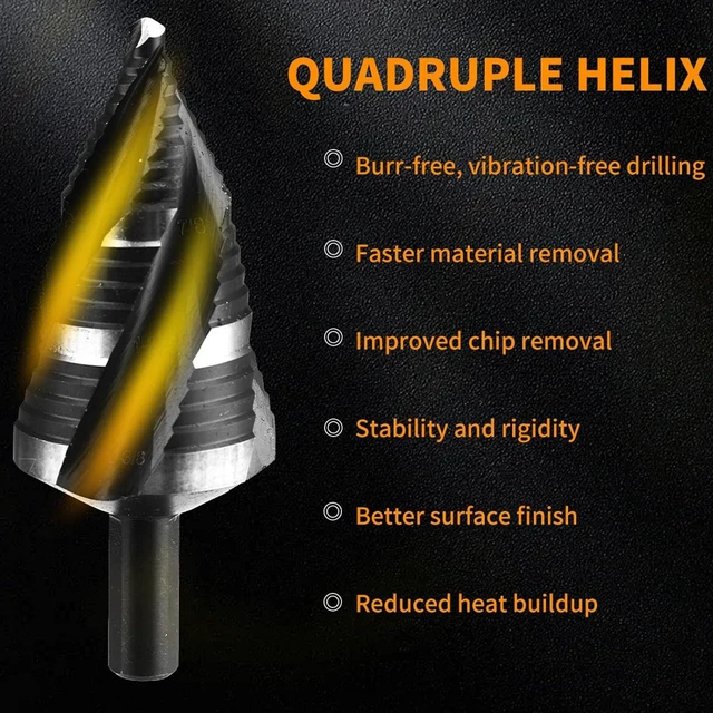 Alt view image 3 of 7 - 5Pcs Step Drill Bit Set, 4 Flute Spiral HSS Bits 3/16in to 1 3/8in with 1/4in /8in Hex Shank, for Stainless Steel Aluminum Metal Wood Plastic
