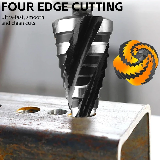 Alt view image 4 of 7 - 5Pcs Step Drill Bit Set, 4 Flute Spiral HSS Bits 3/16in to 1 3/8in with 1/4in /8in Hex Shank, for Stainless Steel Aluminum Metal Wood Plastic