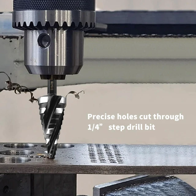 Alt view image 6 of 7 - 5Pcs Step Drill Bit Set, 4 Flute Spiral HSS Bits 3/16in to 1 3/8in with 1/4in /8in Hex Shank, for Stainless Steel Aluminum Metal Wood Plastic