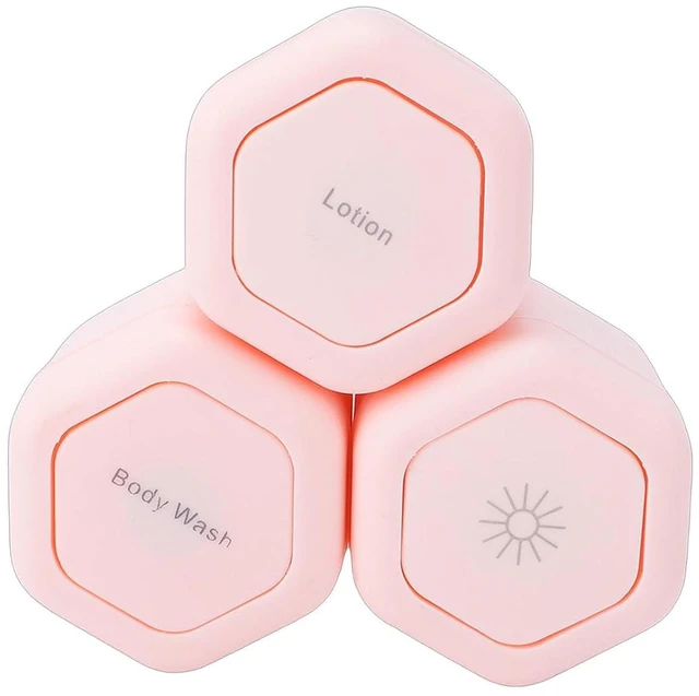 Main image of 3 Pcs Magnetic Travel Capsules, Hexagonal Toiletry Containers with Strong Magnets and Screw Top Lids for Lotion Shampoo Conditioner, with 40ml Capacity for Air Travel (Pink)