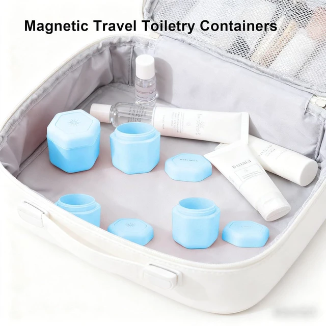 Alt view image 5 of 7 - 3 Pcs Magnetic Travel Capsules, Hexagonal Toiletry Containers with Strong Magnets and Screw Top Lids for Lotion Shampoo Conditioner, with 40ml Capacity for Air Travel (Blue)