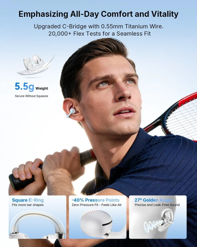 Alt view image 2 of 7 - Clip 2 Open Ear Earbuds, Clip On Headphones, LDAC, Hi-Res Audio, 12mm Titanium Driver, 4 Mics AI Clear Call, AI Translation Earbuds, Secure Fit, 40H Playtime, Bluetooth 6.0 for Running, White