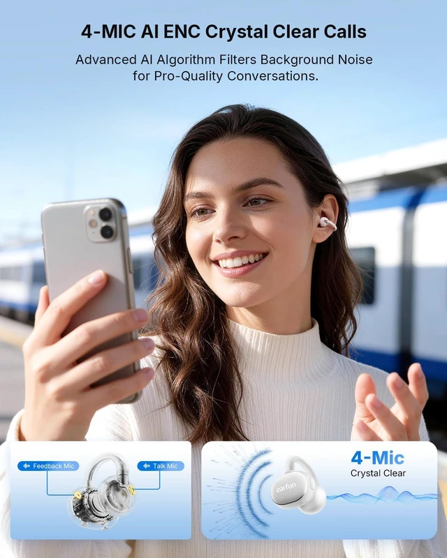 Alt view image 4 of 7 - Clip 2 Open Ear Earbuds, Clip On Headphones, LDAC, Hi-Res Audio, 12mm Titanium Driver, 4 Mics AI Clear Call, AI Translation Earbuds, Secure Fit, 40H Playtime, Bluetooth 6.0 for Running, White