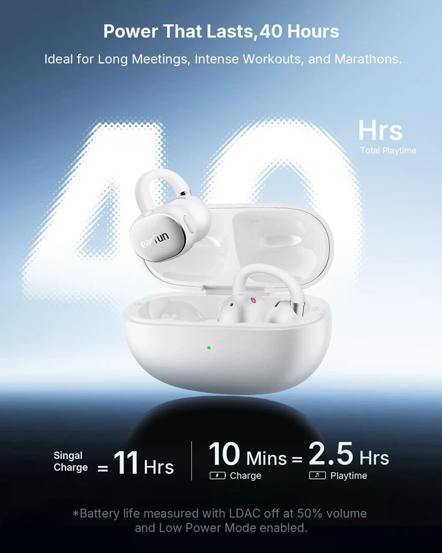 Alt view image 6 of 7 - Clip 2 Open Ear Earbuds, Clip On Headphones, LDAC, Hi-Res Audio, 12mm Titanium Driver, 4 Mics AI Clear Call, AI Translation Earbuds, Secure Fit, 40H Playtime, Bluetooth 6.0 for Running, White