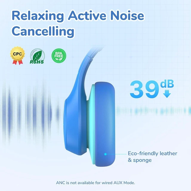Alt view image 2 of 7 - K4NC Active Noise Cancelling Headphones for Kids,120H Playtime Blue