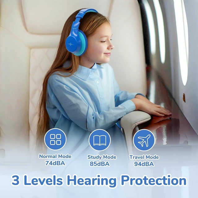 Alt view image 3 of 7 - K4NC Active Noise Cancelling Headphones for Kids,120H Playtime Blue