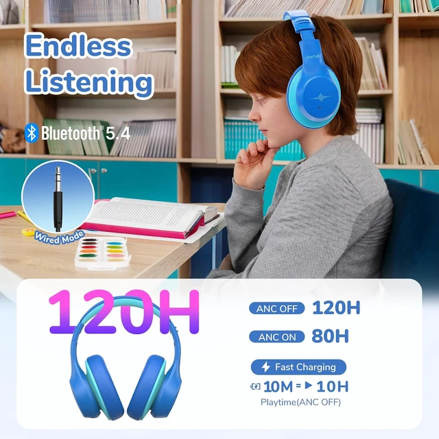 Alt view image 6 of 7 - K4NC Active Noise Cancelling Headphones for Kids,120H Playtime Blue