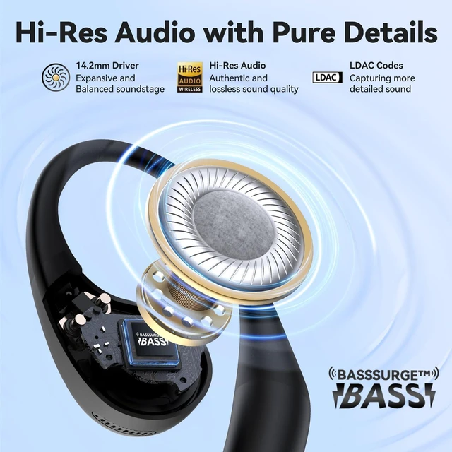 Alt view image 3 of 7 - OpenJump Open Ear Headphones, Wireless Earbuds with Ergonomic Earhook, Hi-Res Sound, LDAC, 4 Mics ENC Call, 42H Playtime, Multipoint Connection, IPX7 Waterproof, Snug Fit for Workout, Running