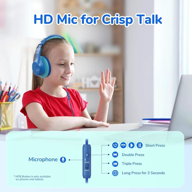 Alt view image 2 of 7 - K3 Kids Headphones with Microphones, 85/94dB Safe Volume Limit, HD Stereo Sound K4NC Active Noise Cancelling Headphones for Kids, 120H Playtime, 74/85/94dBA Volume Limited