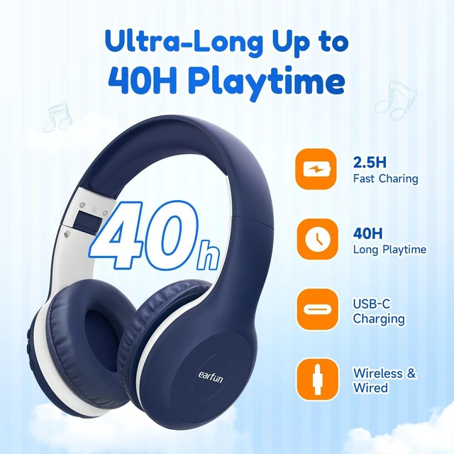 Alt view image 6 of 7 - Kids Bluetooth Headphones, K2 Kids Headphones with Volume Limited, 40H Playtime S1 Kids Headphones, Foldable Wired Headphones for Kids, 85dB Volume Limit