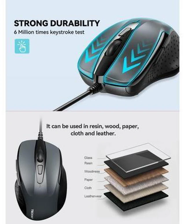 Alt view image 7 of 7 - USB Wired Mouse, 6-Button Corded Computer Mouse with 4 Adjustable DPI, Optical Computer Mice with Ergonomic Design and 5FT Cord for Laptop, Chromebook, PC, Desktop, Mac, Notebook-Gray