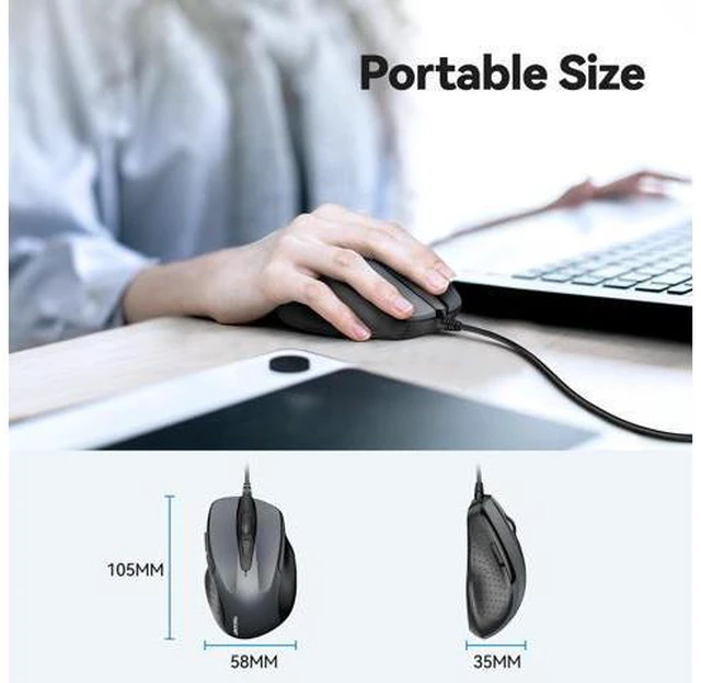 Alt view image 6 of 7 - USB Wired Mouse, 6-Button Corded Computer Mouse with 4 Adjustable DPI, Optical Computer Mice with Ergonomic Design and 5FT Cord for Laptop, Chromebook, PC, Desktop, Mac, Notebook-Gray
