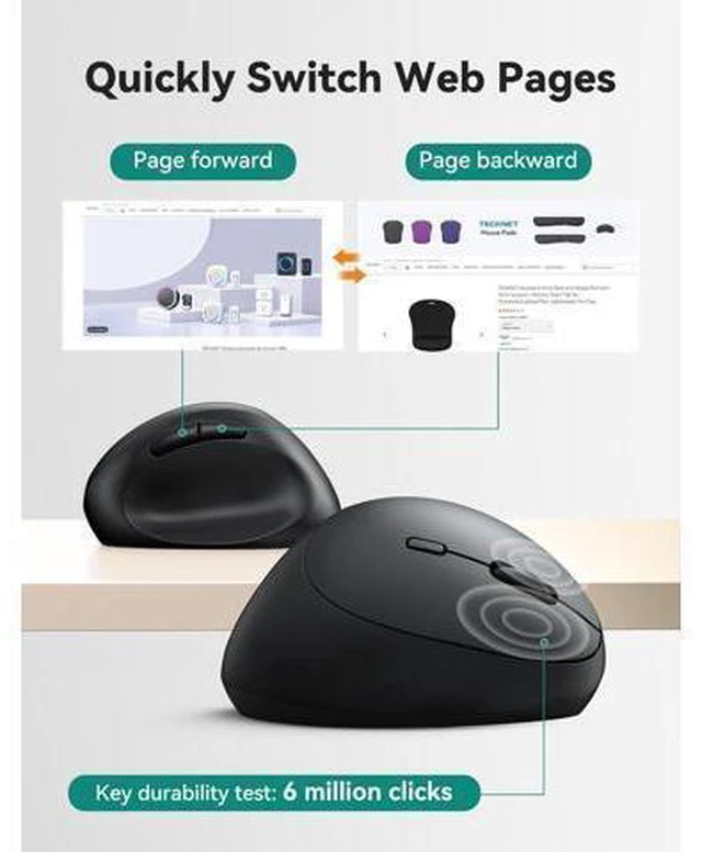Alt view image 5 of 7 - Ergonomic Mouse 4800 DPI Wireless Vertical Mouse 5 Adjustable DPI Levels 6 Buttons 2.4G Silent Wireless Mouse for Laptop PC Chromebook Mac - Black