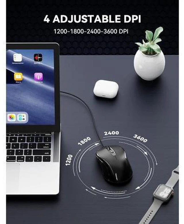 Alt view image 2 of 7 - Wired Mouse USB Wired Computer Mouse 3600DPI 4 Adjustable Levels 6-Button Ergonomic Mice Home and Office Mouse for Laptop PC Desktop Notebook - Black
