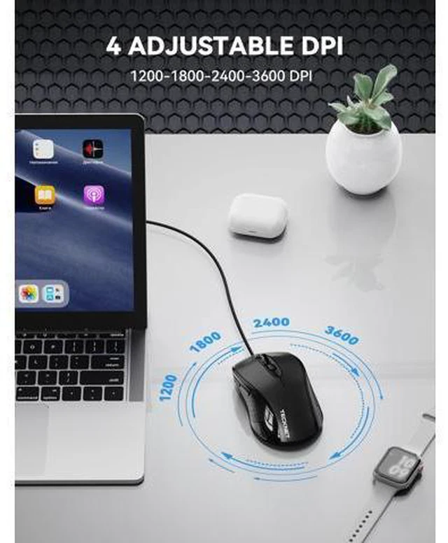 Alt view image 3 of 7 - Wired Mouse, USB Wired Computer Mice, 3600DPI 4 Adjustable Levels, 6-Button Ergonomic Mouse for Laptop PC Desktop Notebook - Black