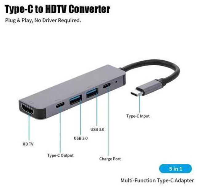 Alt view image 2 of 5 - 5-Port 5IN1 Type-C to PD USB*2 HDTV TypeC Adapter Multi-Function Converter 4K for Macbook HDTV Projector Plug & Play usb hubs