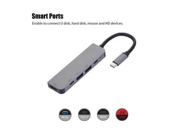 Alt view image 3 of 5 - 5-Port 5IN1 Type-C to PD USB*2 HDTV TypeC Adapter Multi-Function Converter 4K for Macbook HDTV Projector Plug & Play usb hubs