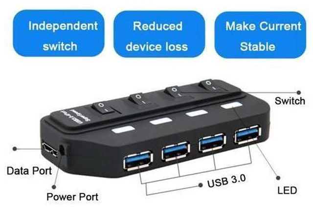 Alt view image 2 of 5 - 5Gbps USB 3.0 HUB 4 USB Ports Switch LED Splitter Adapter with Bold Cable High Speed Hab for imac PC support External Power