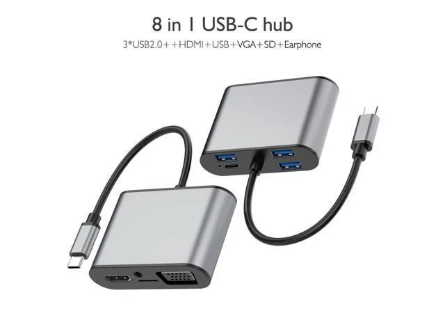 Alt view image 2 of 7 - basix TW8R 8 in 1 USB-C / Type-C to 3 USB 3.0 + USB-C / Type-C + HDMI + VGA Interfaces HUB Adapter with Micro SD Card Slot & 3.5mm AUX - OEM