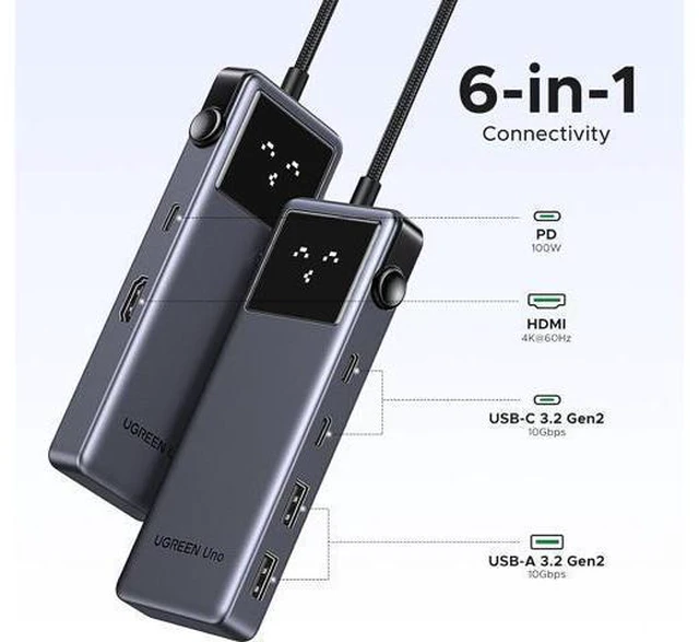 Alt view image 2 of 6 - UGREEN Uno 6 in 1 USB-C Hub with 10Gbps USB-C & USB-A Data Ports 4K@60Hz HDMI for MacBook Pro/Air, iPad Pro, Surface, XPS, Thinkpad and More.