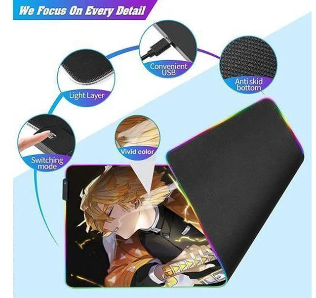 Alt view image 4 of 7 - RGB Mouse pad Anime Zenitsu Agatsuma Custom Design Mousepad,Mouse Pads with Non-Slip Rubber Base,Stitched Edges Mouse mat,Washable Desk pad for Computer Keyboard mice Laptop & PC,35.4x15.7 inch