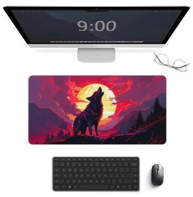 Main image of QEOPGNE Large Mouse Pad Gaming Wolf Red Sun Aesthetic Animal Fantasy Anime Desk Mat for Keyboard and Mouse Mat Non-Slip Rubber Desk Pad 30x60cm