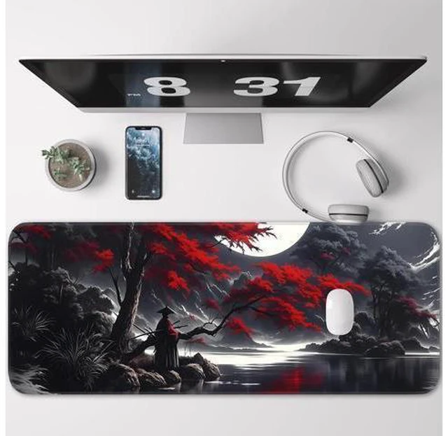 Alt view image 2 of 7 - Japanese Dark Red Moon Gaming Mouse Pad Extended Mouse Pad with Non-Slip Base Full Keyboard Pad with Stitched Edges Large Desk Pad for Gaming Office Home 31.5 x 11.8 Inch