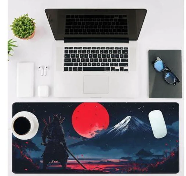 Alt view image 2 of 6 - Mouse Pad Large Samurai and Red Moon Non-Slip Game Desk Mat with Stitched Edge Laptop Keyboard Desk Pad for Work Home Gaming (35.4 x 15.7 Inches)