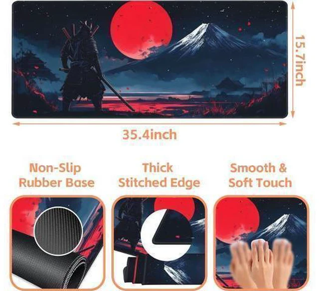Alt view image 3 of 6 - Mouse Pad Large Samurai and Red Moon Non-Slip Game Desk Mat with Stitched Edge Laptop Keyboard Desk Pad for Work Home Gaming (35.4 x 15.7 Inches)