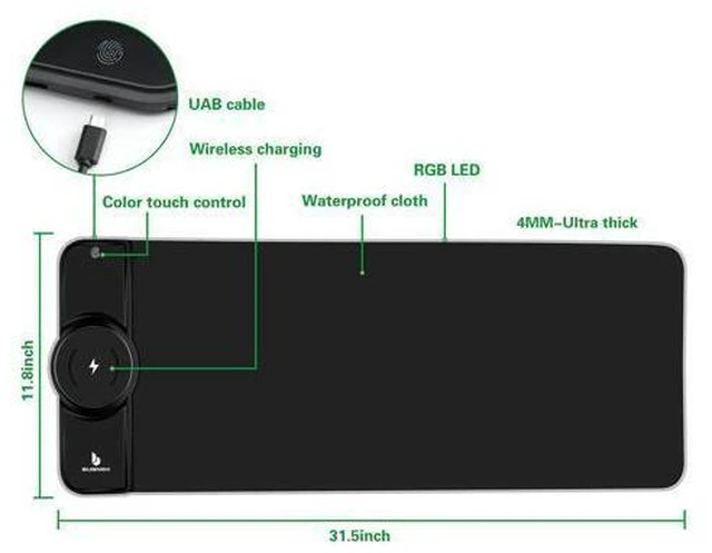 Alt view image 4 of 7 - Mouse Pad,Gaming Desk Mat,Mouse Pad with Wireless Charging,15W Fast Chargering,10 Lighting Modes,for Gaming Keyboard&Mouse,Home&Office,Mobile Phone Devices,31.5"X11.8",Flare Color