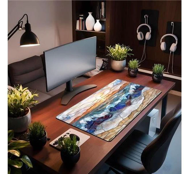 Alt view image 2 of 5 - Mountain Sunrise Gaming Mouse Pad Large Desk Mat Extended Mouse and Keyboard Pad, Faux Stained Glass Nature Mousepad with Stitched Edge Mouse Desk Pad Computer Mat Soft Aesthetic Decor 31.5 X 15.7 in