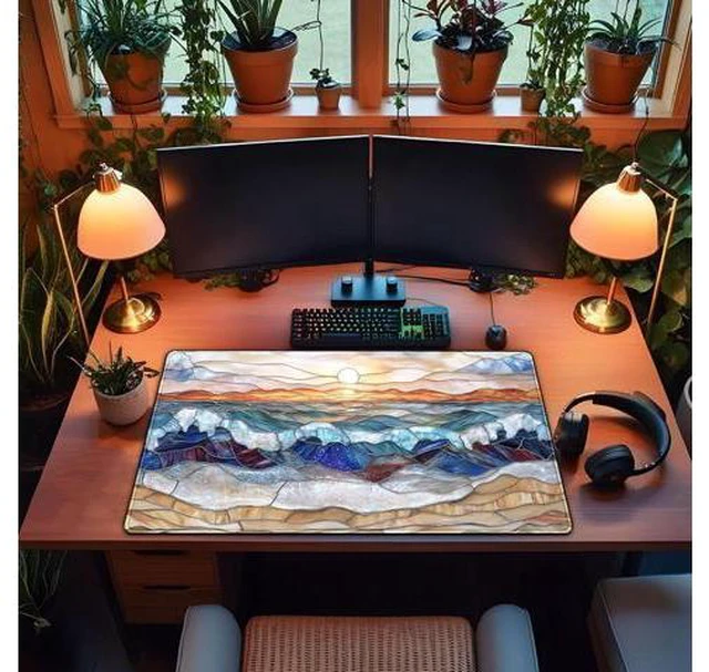 Alt view image 4 of 5 - Mountain Sunrise Gaming Mouse Pad Large Desk Mat Extended Mouse and Keyboard Pad, Faux Stained Glass Nature Mousepad with Stitched Edge Mouse Desk Pad Computer Mat Soft Aesthetic Decor 31.5 X 15.7 in