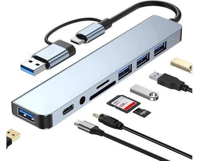 Main image of 8-in-1 USB C Hub & USB 3.0 Adapter, Ultra-Slim Multiport Type C Docking Station with SD/Micro SD Card Reader, 2-in-1 Interface for MacBook, PS5, Laptop, PC - Space Gray