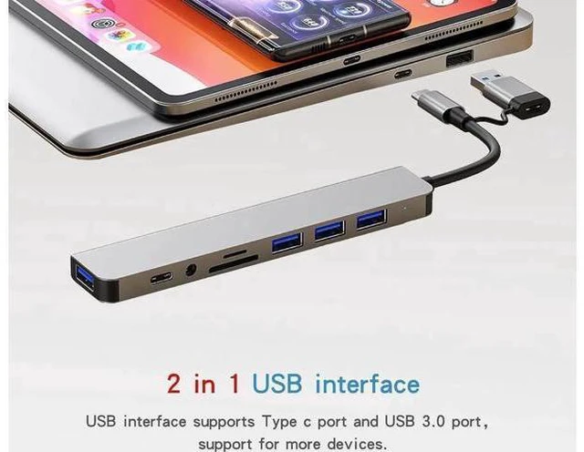 Alt view image 2 of 5 - 8-in-1 USB C Hub & USB 3.0 Adapter, Ultra-Slim Multiport Type C Docking Station with SD/Micro SD Card Reader, 2-in-1 Interface for MacBook, PS5, Laptop, PC - Space Gray