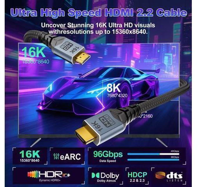 Alt view image 2 of 7 - hdmi to hdmi Cable,8K 10K 16K HDMI2.2 Cable 5FT, 96Gbps Ultra High Speed HDMI2.2 Cable 16K@60Hz 8K@240Hz 4K@480Hz Cord, HDCP 2.3 & HDR10+ eARC for Compatible with Roku TV Gaming PC Blu-ra