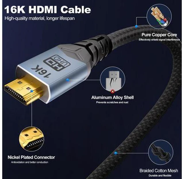 Alt view image 7 of 7 - hdmi to hdmi Cable,8K 10K 16K HDMI2.2 Cable 5FT, 96Gbps Ultra High Speed HDMI2.2 Cable 16K@60Hz 8K@240Hz 4K@480Hz Cord, HDCP 2.3 & HDR10+ eARC for Compatible with Roku TV Gaming PC Blu-ra
