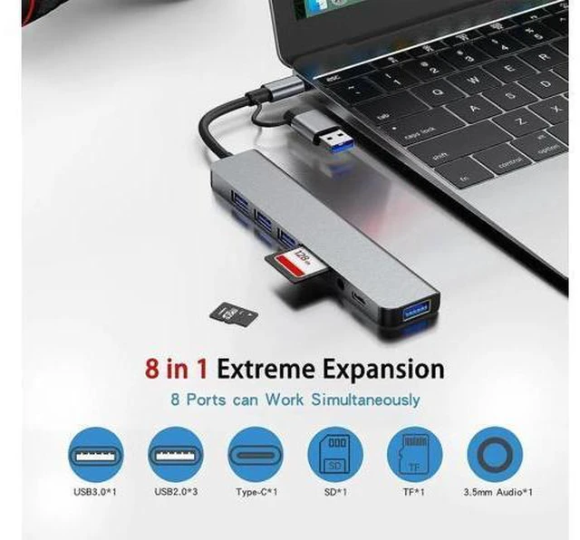 Alt view image 4 of 5 - 8-in-1 USB C Hub & USB 3.0 Adapter, Ultra-Slim Multiport Type C Docking Station with SD/Micro SD Card Reader, 2-in-1 Interface for MacBook, PS5, Laptop, PC - Space Gray