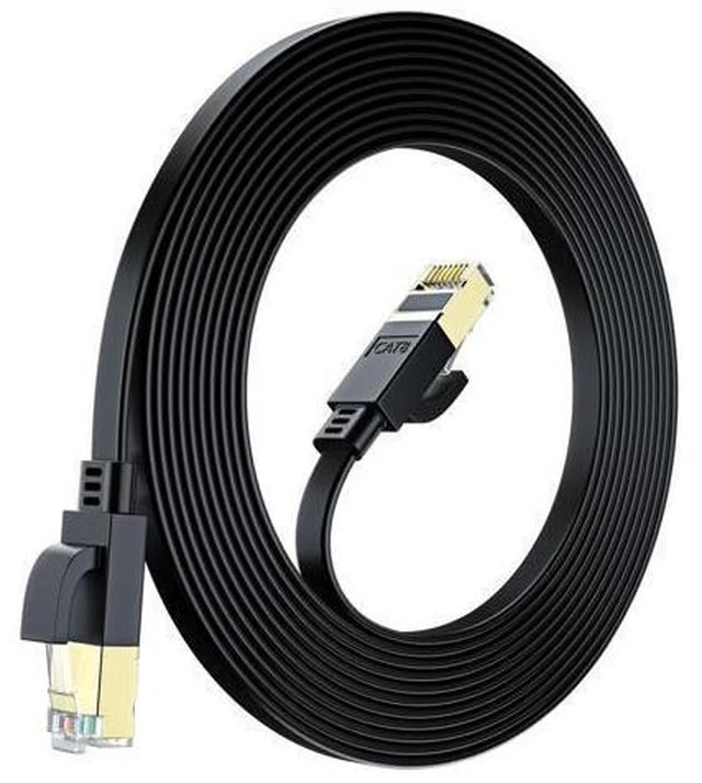 Main image of Cat 8 Ethernet Cable 25 ft, Flat Cable with Gold-Plated RJ45 Connector, LAN Internet Cable, Network Cable for Modems, Routers, High Speed, Black