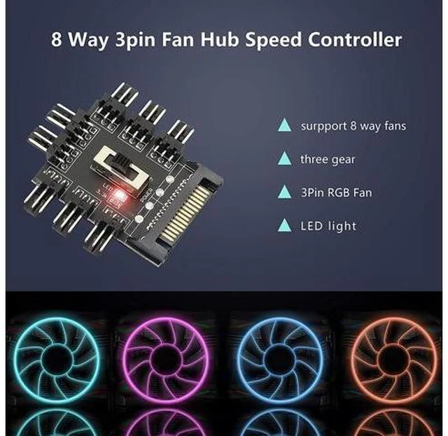Alt view image 5 of 7 - Chassis Fan Hub SATA 1 to 8 Way12V 3 PIN Cooling Fan Splitter Controller Hub 3 Pin PWM for PC Desktop Computer Motherboard(12V 3-Pin)