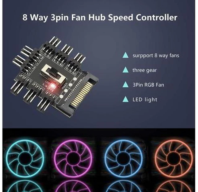 Alt view image 5 of 7 - Chassis Fan Hub, SATA 1 to 8 Way12V 3 PIN Cooling Fan Splitter Controller Hub 3 Pin PWM for PC Desktop Computer Motherboard(12V 3-Pin)