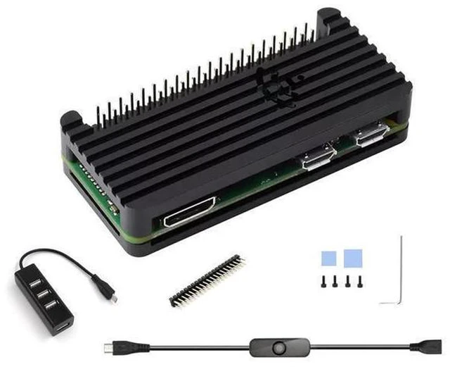 Main image of Pi Zero 2 W Aluminum Case Kit with Passive Cooling, 4-Port USB OTG Hub, On/Off Power Switch Cable, Pin Header, Hexwrench, Thermal Pad (7 Items)
