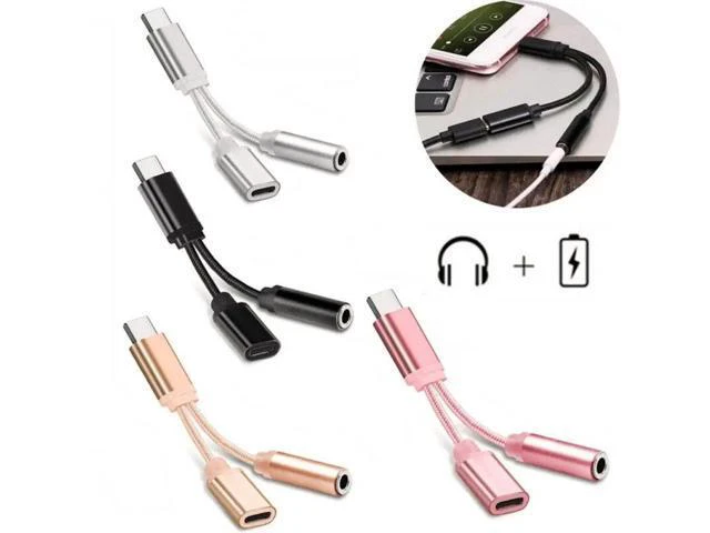 Alt view image 2 of 5 - 2 In 1 Dual Jack Adapter USB-C Type C To 3.5mm Aux Audio Charging Cable Adapter Splitter For Android Headphones Converter